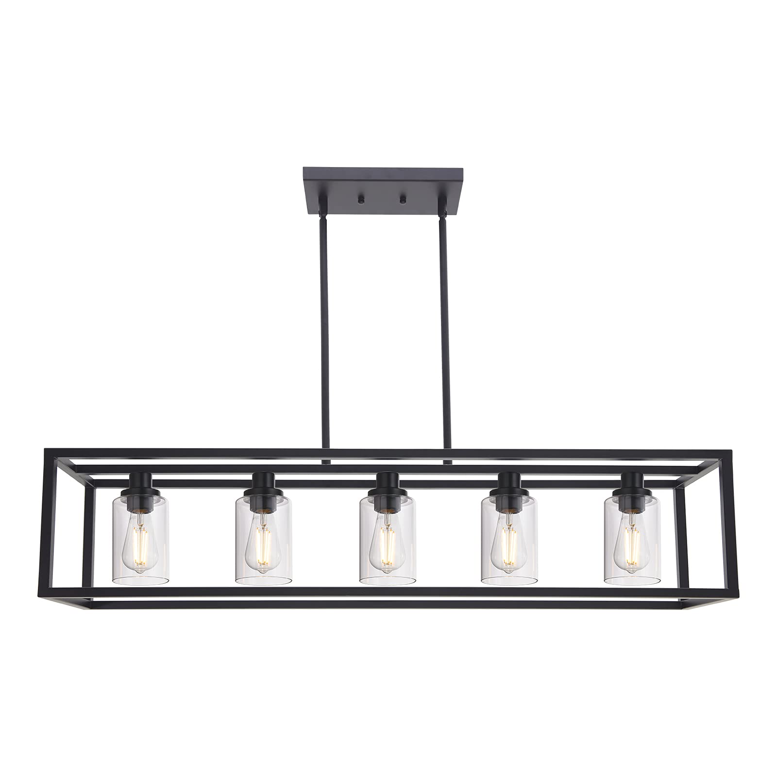 MELUCEE 5-Light Industrial Chandelier, 36.2in Black Metal Pendant Light for Kitchen Island, Farmhouse Style with Clear Glass