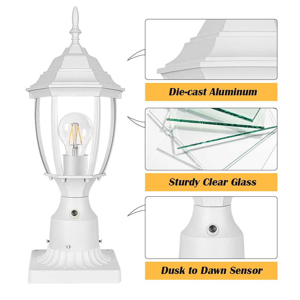 PARTPHONER Outdoor Post Light, Waterproof Aluminum Lantern Fixture, 6 In, White, Model PA1159WS-White, Clear Glass Panels