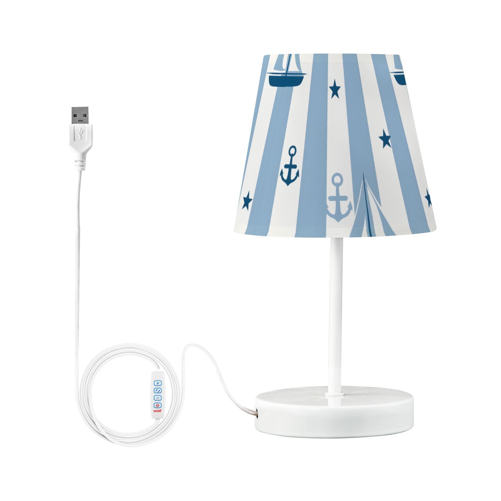 BOENLE Bedside Lamp Sailboats Anchors Stripes Table Lamp Bedroom LED Nightstand Desk Lamp Lampshade for Sleeping Living Room Dor
