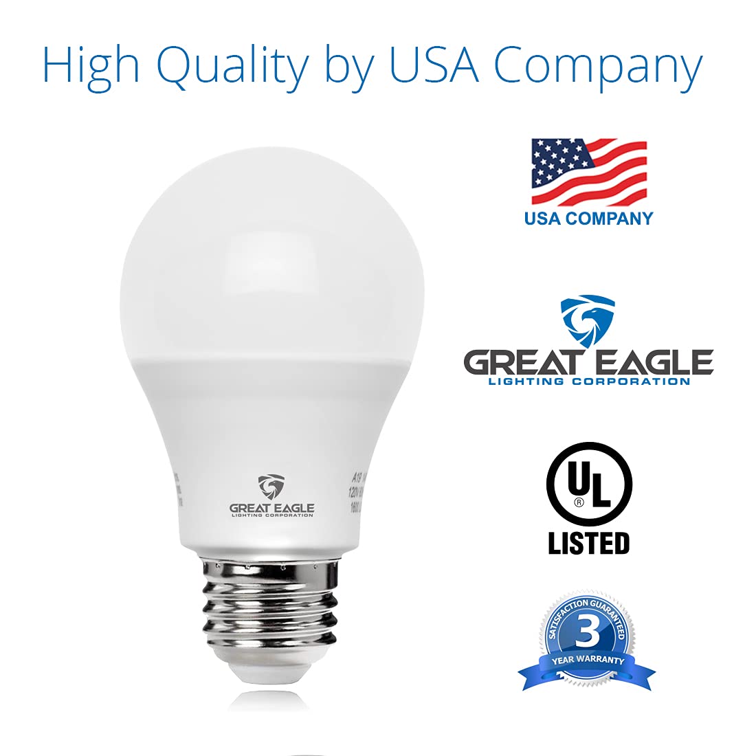 Great Eagle A19 Led Light Bulb, 9W (60W Equivalent), Ul Listed, 5000K (Daylight), 800 Lumens, Non-Dimmable, Standard Replacement