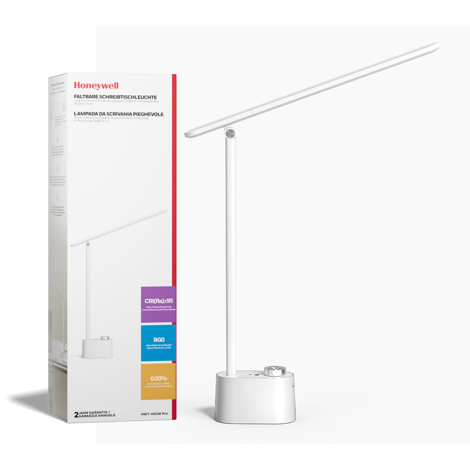 Honeywell LED Desk Lamp - H01 Pro Sunturalux™ Foldable Light, USB A+C Charging, 3 Color Modes, White