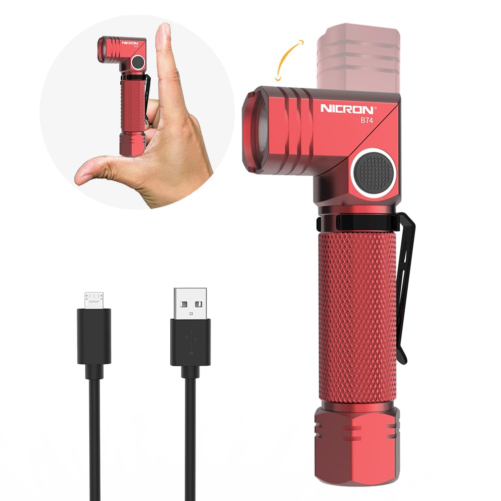NICRON Flashlight 700 Lumens Rechargeable IP65 Waterproof 90 Degree LED Small Type-Red Model B74-red