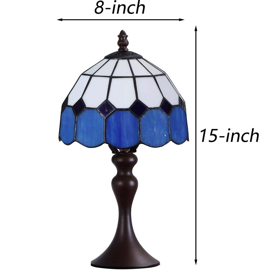 Bieye Tiffany Style Stained Glass Table Lamp, 15in Tall, 8in Wide Shade, Sea Blue, Model L10468, Brown Base