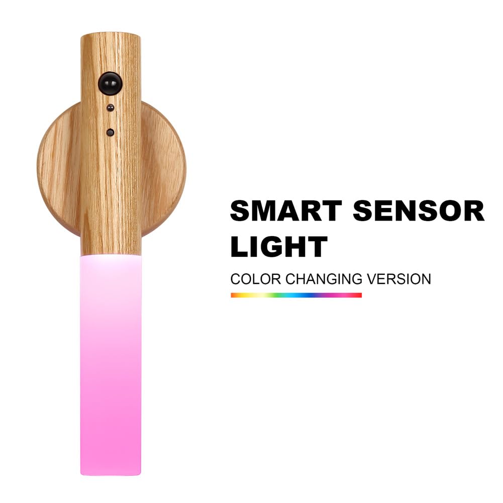 Landgoo Rgb Motion Sensor Night Light, Color Changing Atmosphere Lamp, Battery Powered Rechargeable Led Wood Wall Sconce For Hom