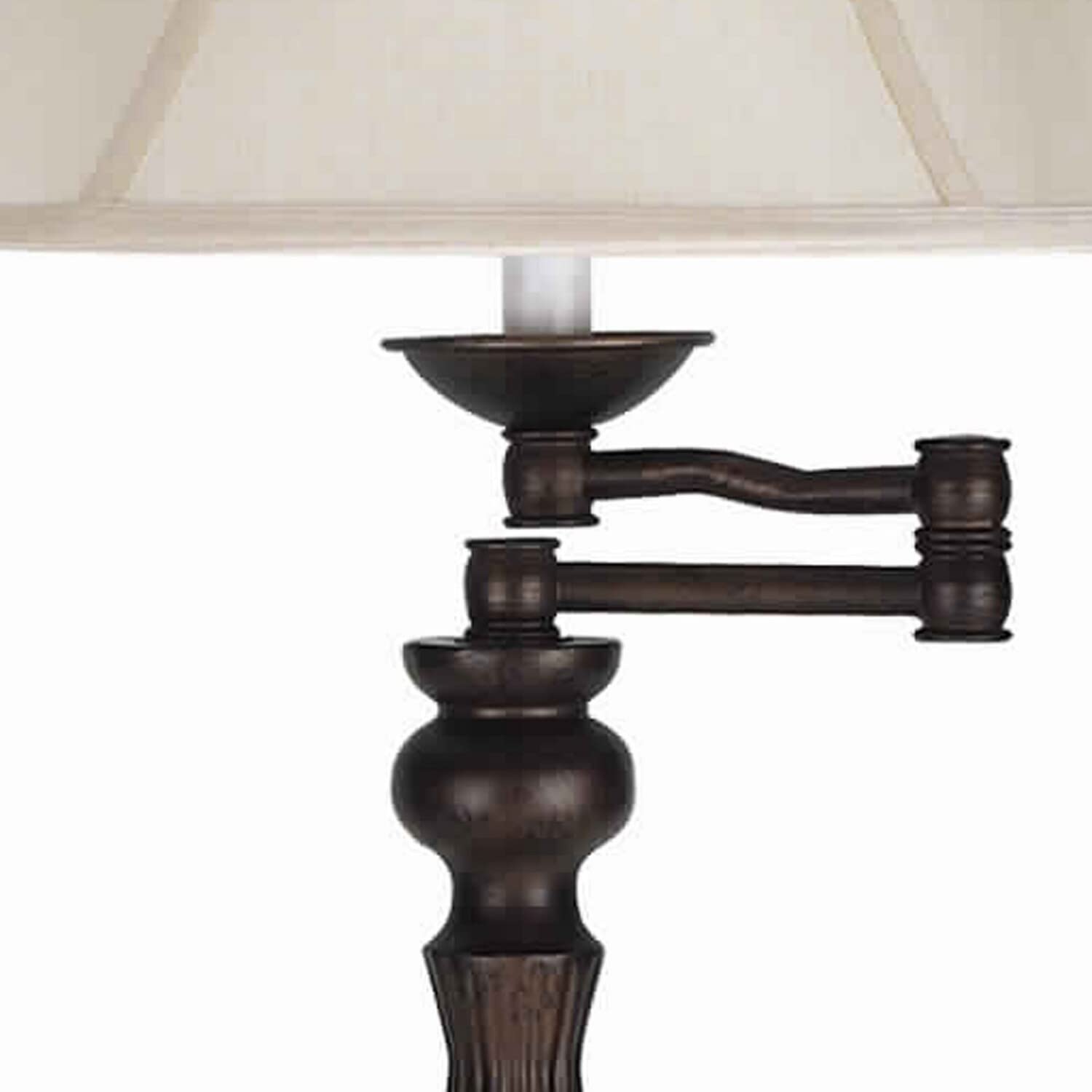 Benjara Swing Arm Metal Body Table Lamp With Fabric Bell Shade, Bronze And Beige