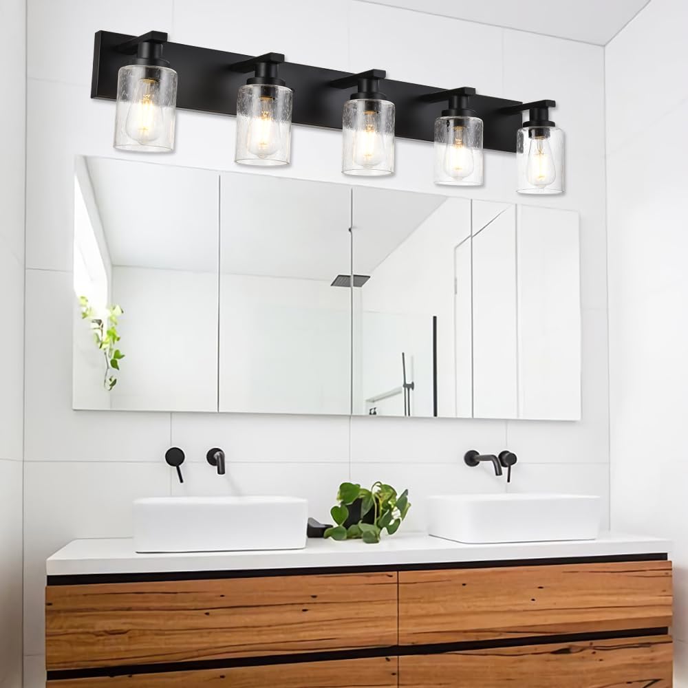Winshen 5-Lights Farmhouse Bathroom Vanity Light In Black Finish Wall Mount Lighting Fixtures With Seeded Glass For Mirror Cabin