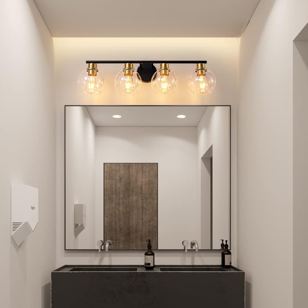 Lanmate Bathroom Vanity Light Fixture 4-Light Over Mirror 29.5in Metal Black and Gold Clear Glass Shade