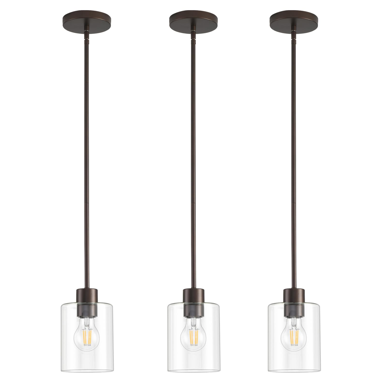 KLSS Oil Rubbed Bronze Pendant Lights, Clear Glass Fixture, 3 Pack, 12in & 4in Rods, Model KFDD3P003