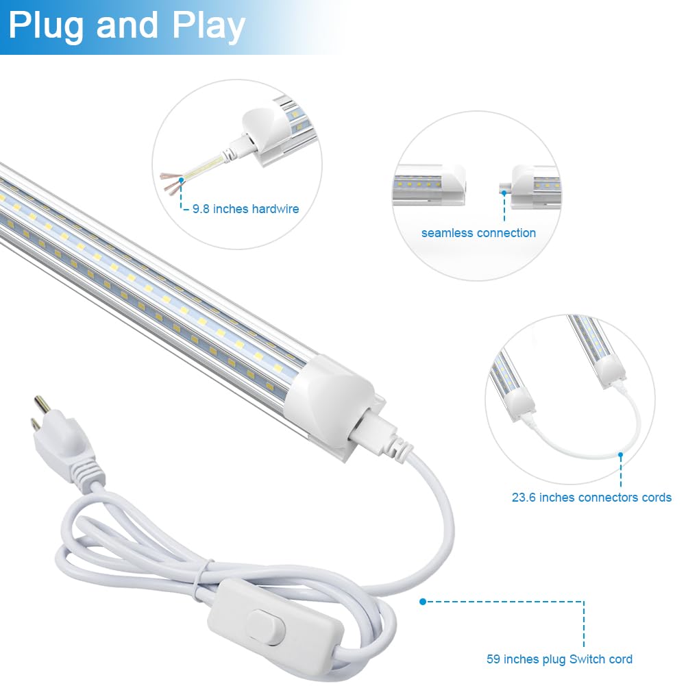 Shopled 6Ft Led Shop Light, D-Shape 72W 9360Lm 6000K Cool White, Linkable T8 Led Tube Light Fixtures, 6 Foot Led Shop Lights For