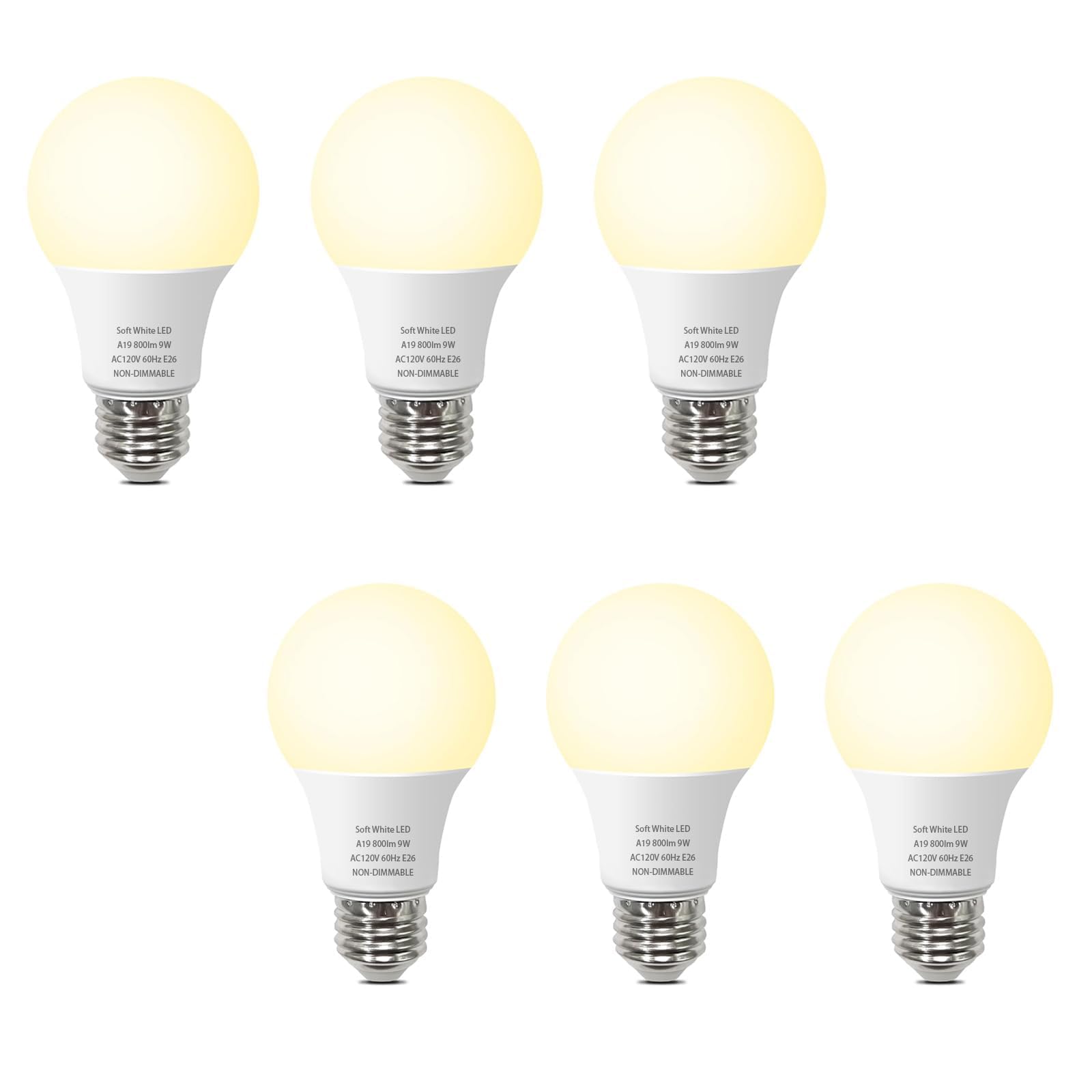 A19 LED Light Bulbs 60W Equivalent, Soft Warm White 9W 3000K 800 Lumens 100-130V E26 Base bulb Not-Dimmable, A19 Led Energy Effi