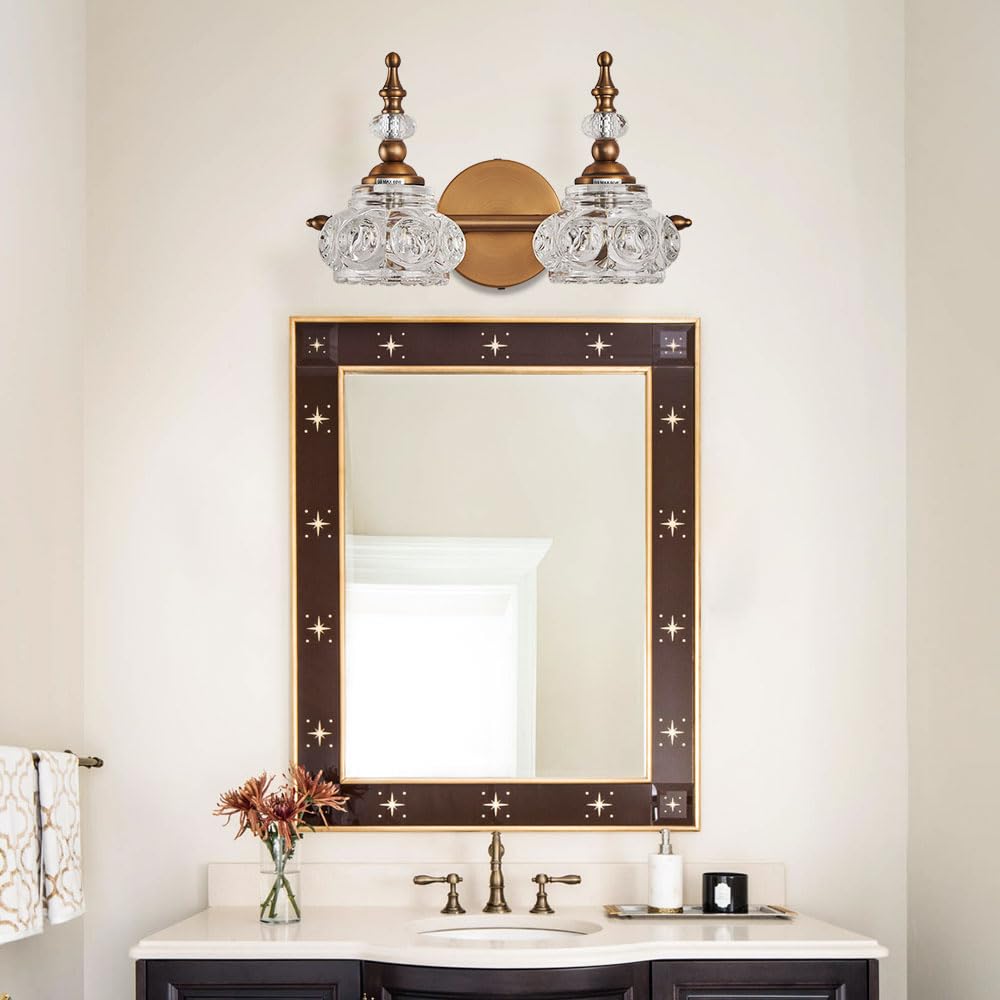 ZILANL 2-Light Vintage Bathroom Vanity Light, Matte Brushed Antique Brass, Crystal Glass Shade, Model MJ-W885-2