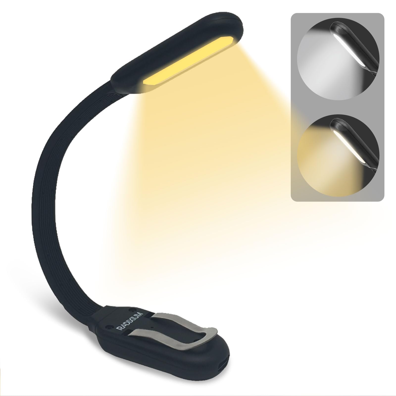 RADIXIUM Slim Rechargeable Book Reading Light, Eye-Caring LED, 4 Color Temperatures, Portable Clip-On, Gray, Model AI4804BM