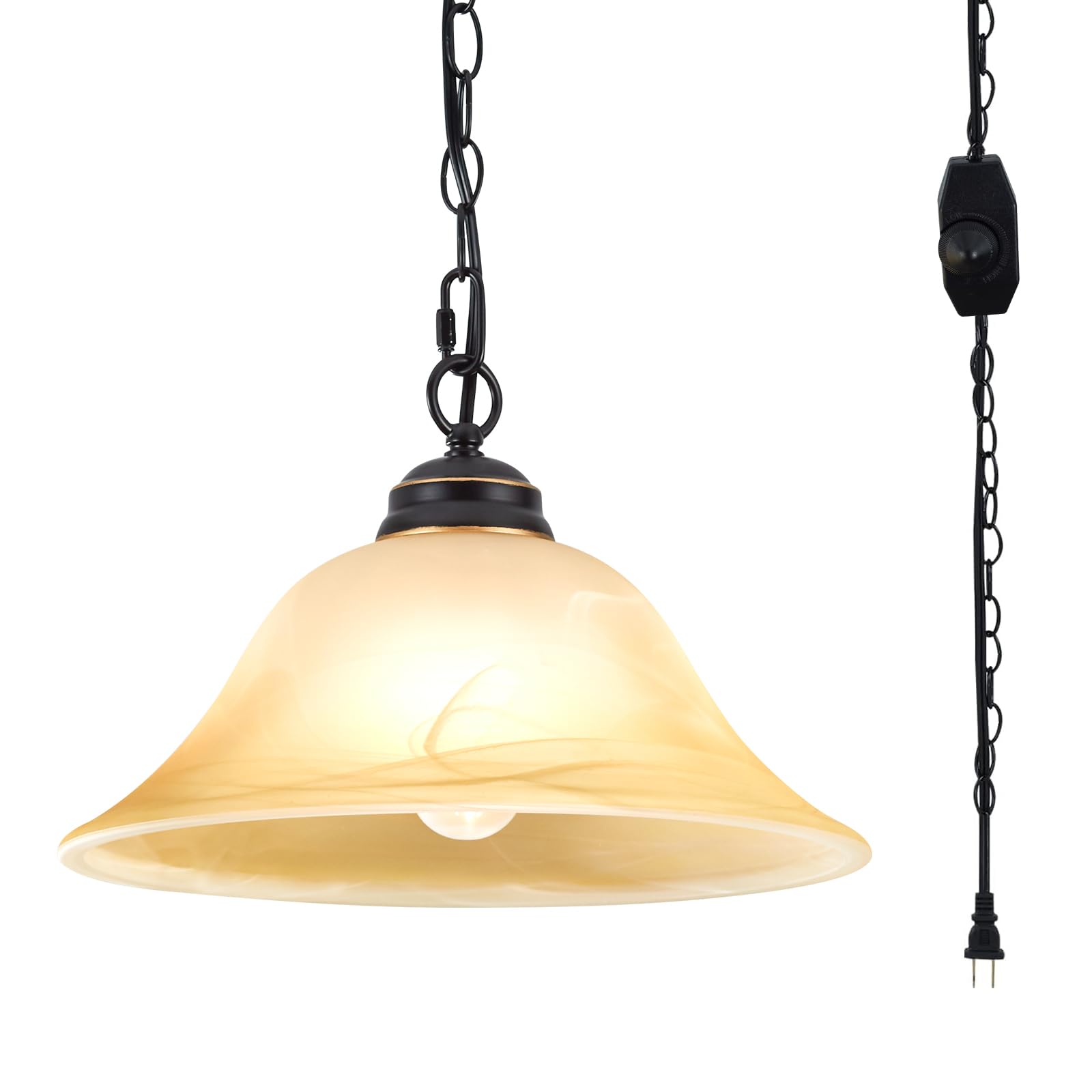 Shengqingtop Dimmable Plug-In Pendant Light, Retro Alabaster Shade, Black & Gold, 16.4Ft
