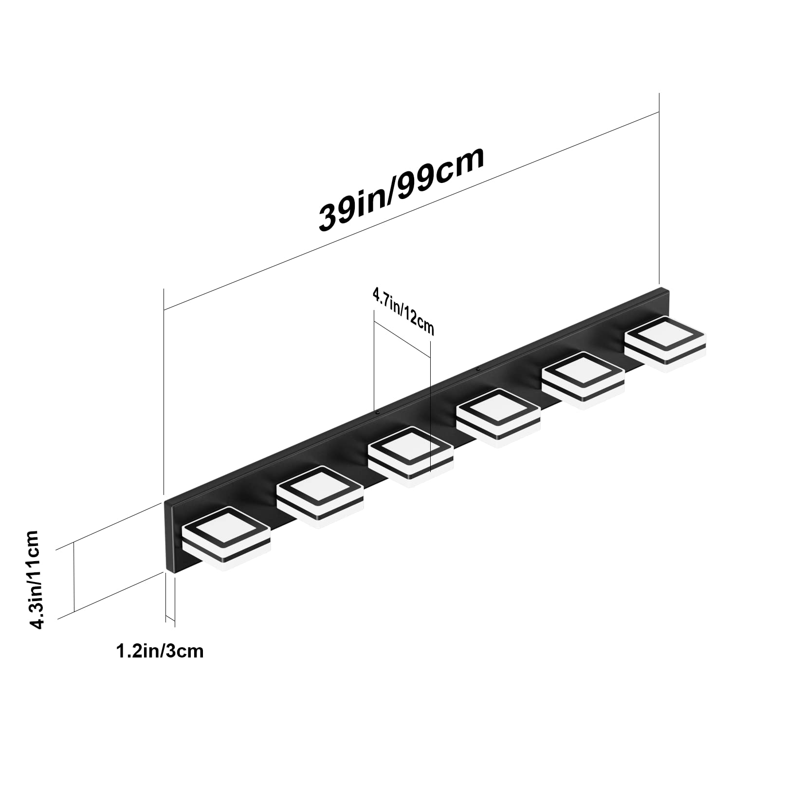 Ralbay Modern LED Bathroom Light Fixtures, 6 Lights, Rotatable, Matte Black, Metal Wall Lighting, Model 8596