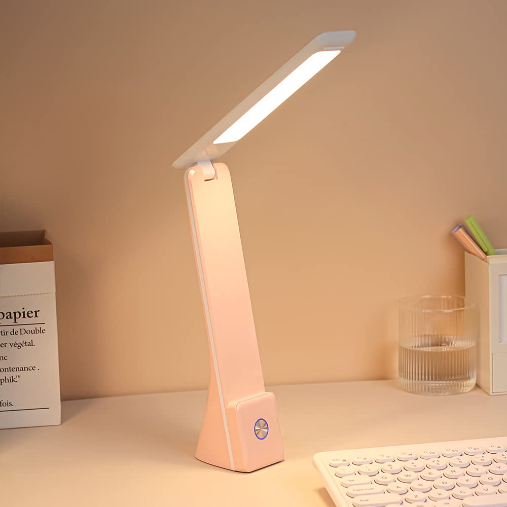 Cometmars Led Desk Lamp (Pink), Cordless Lamp With 3 Lighting Modes, Rechargeable Reading Lamp With Adjustable Arm, Foldable Eye