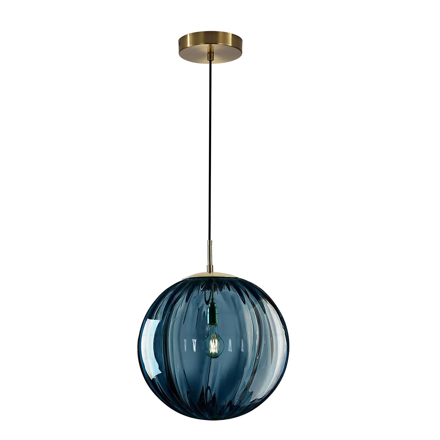 KCO Lighting Modern Pendant Light - 1-Light Ribbed Glass Fixture - 9.8in - Blue - Metal - Model L1124-Blue-L