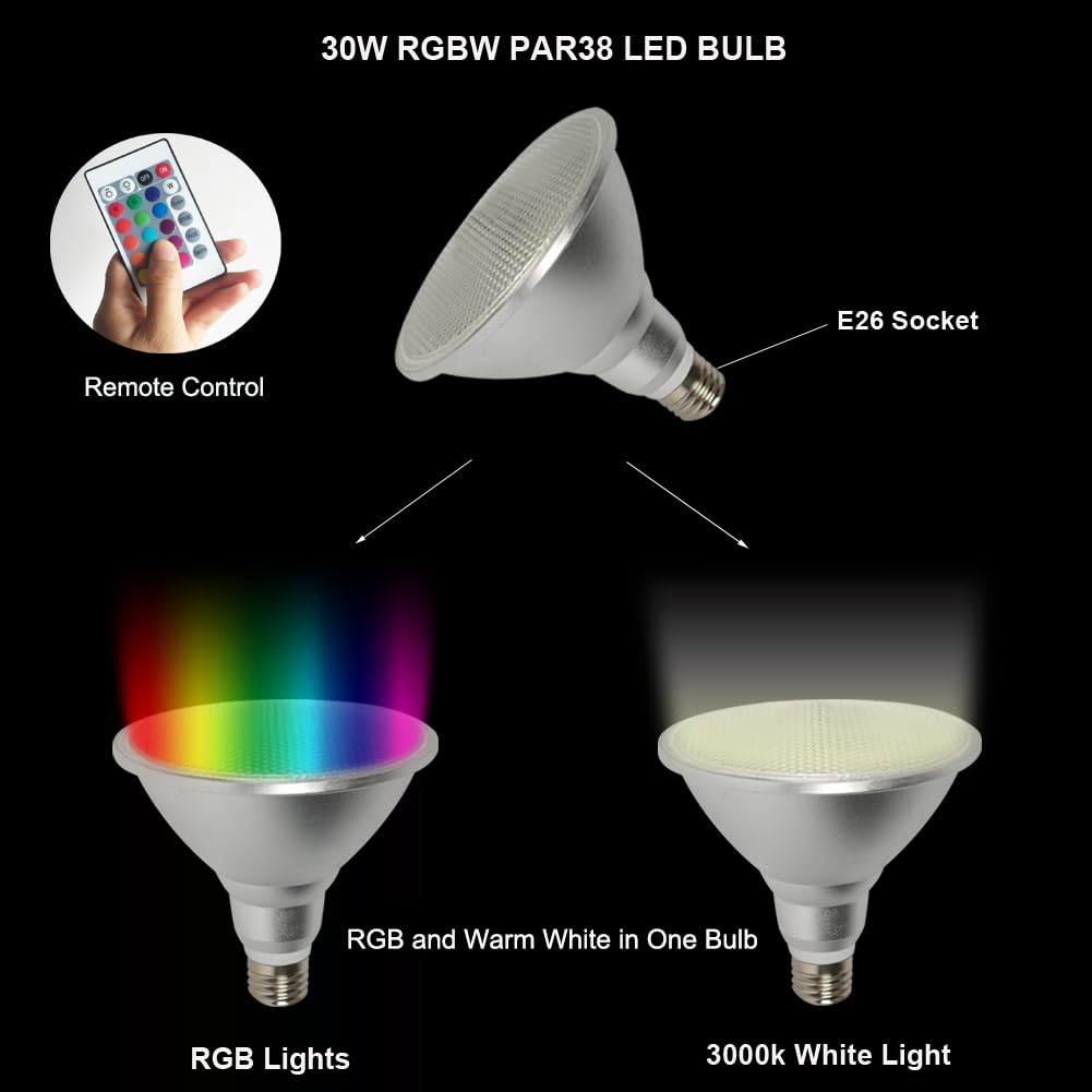 Lxkbd Par38 Led Light Bulb, 30W Rgb+Warm White, Dimmable With Remote, Waterproof For Parties