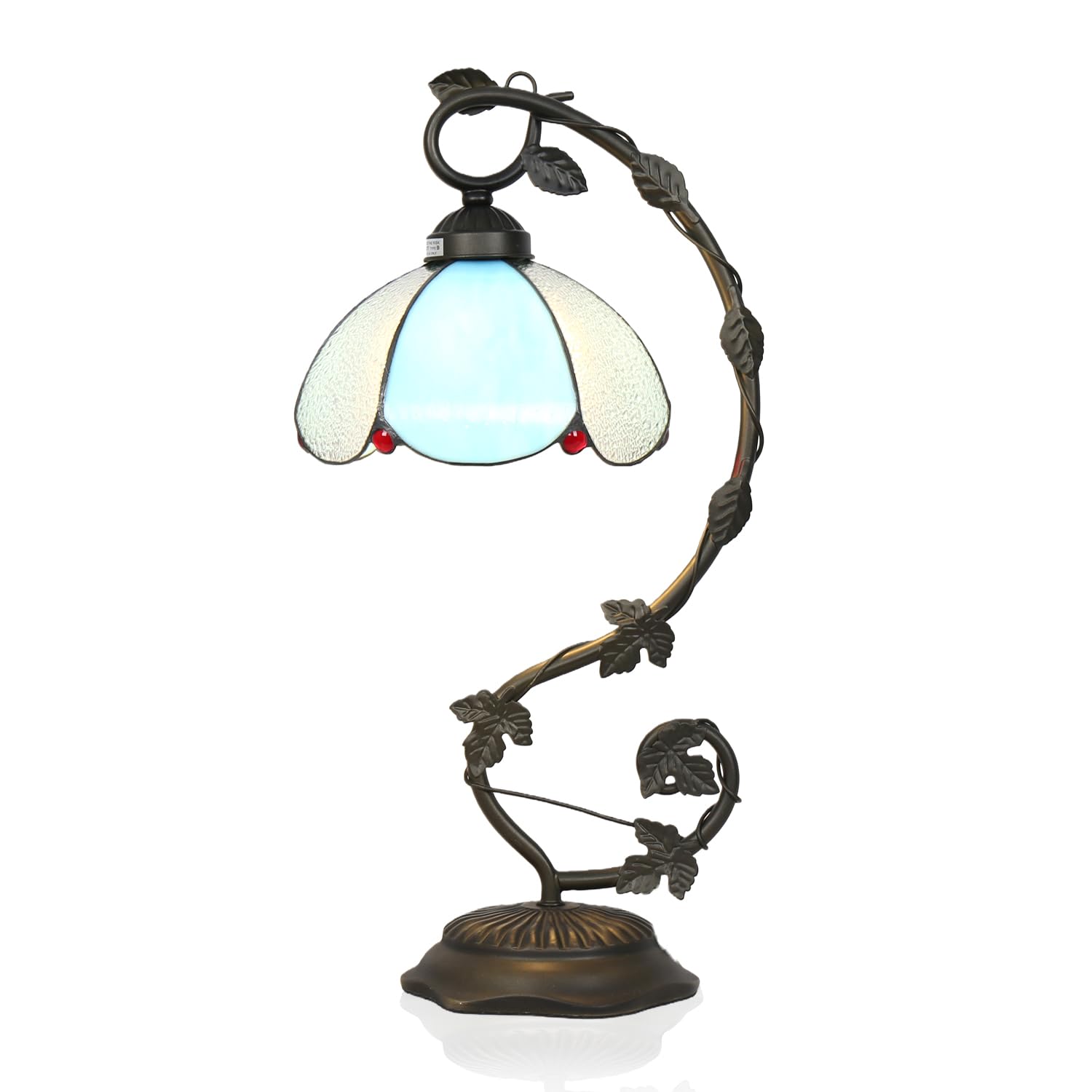 TFNALNB Tiffany Table Lamp, Blue and White Glass Shade with Metal Vine Base, 8x10x20 Inch