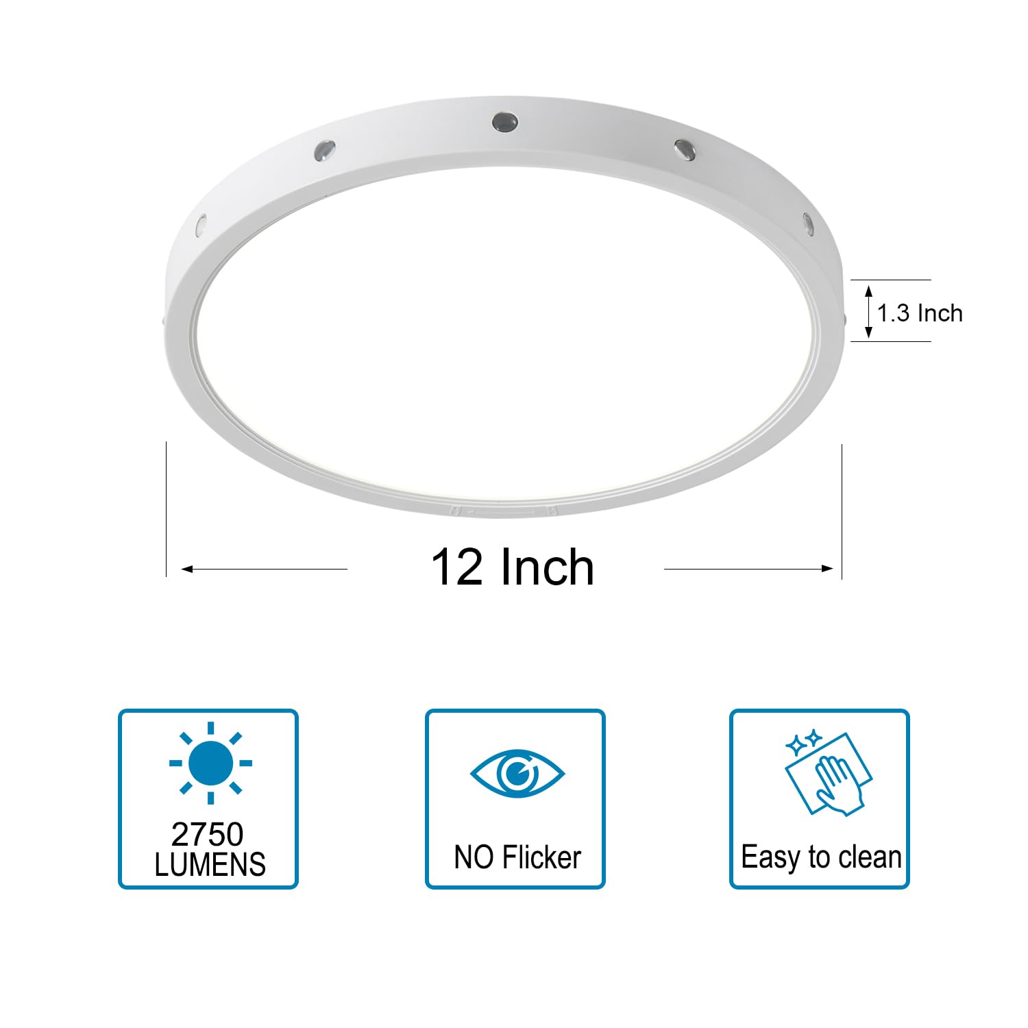 Anmaice Flush Mount LED Ceiling Light, 12-inch, Selectable 3000K/4000K/5000K, Modern White Fixture for Bedroom, Dining Room, Kitchen