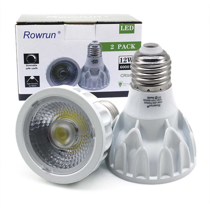 Rowrun Par20 Led Bulb 6000K Daylight White Dimmable 12W E26 Medium Base Cob Spot Light 24° Beam Angle High 1200Lm Ac 85-265V Flood Lamp 2-Pack