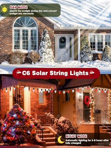 C6 Solar Christmas Lights Outdoor  50 Led 16Ft Christmas Decorations Outdoor Waterproof  Solar String Lights For Outside With 8 Modes  Fairy Twinkle Light For Tree Garden Xmas Decor (Red And White)