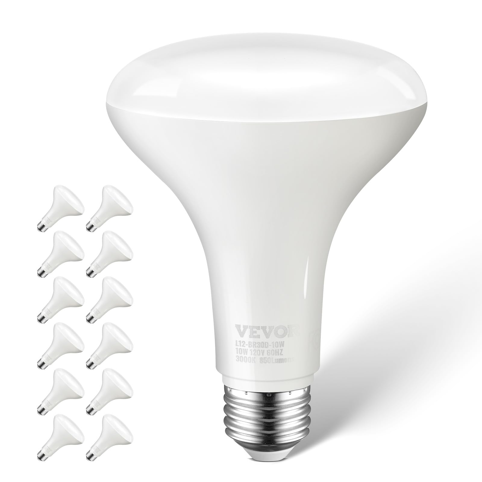 Vevor Br30 Flood Light Bulb, 12 Pack Led Indoor Flood Lights, 850 Lumens Led Flood Light Bulbs, E26 Standard Base, 3000K Warm Li