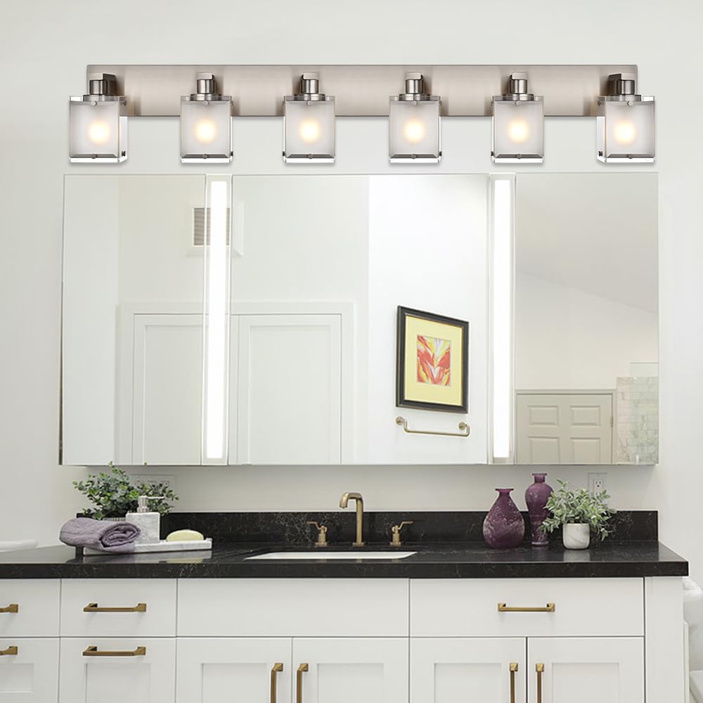 WINSHEN 6-Lights Bathroom Vanity Light, Modern Black Fixtures with Frosted Glass Shades, Wall Mounted, E26 Bulb Base