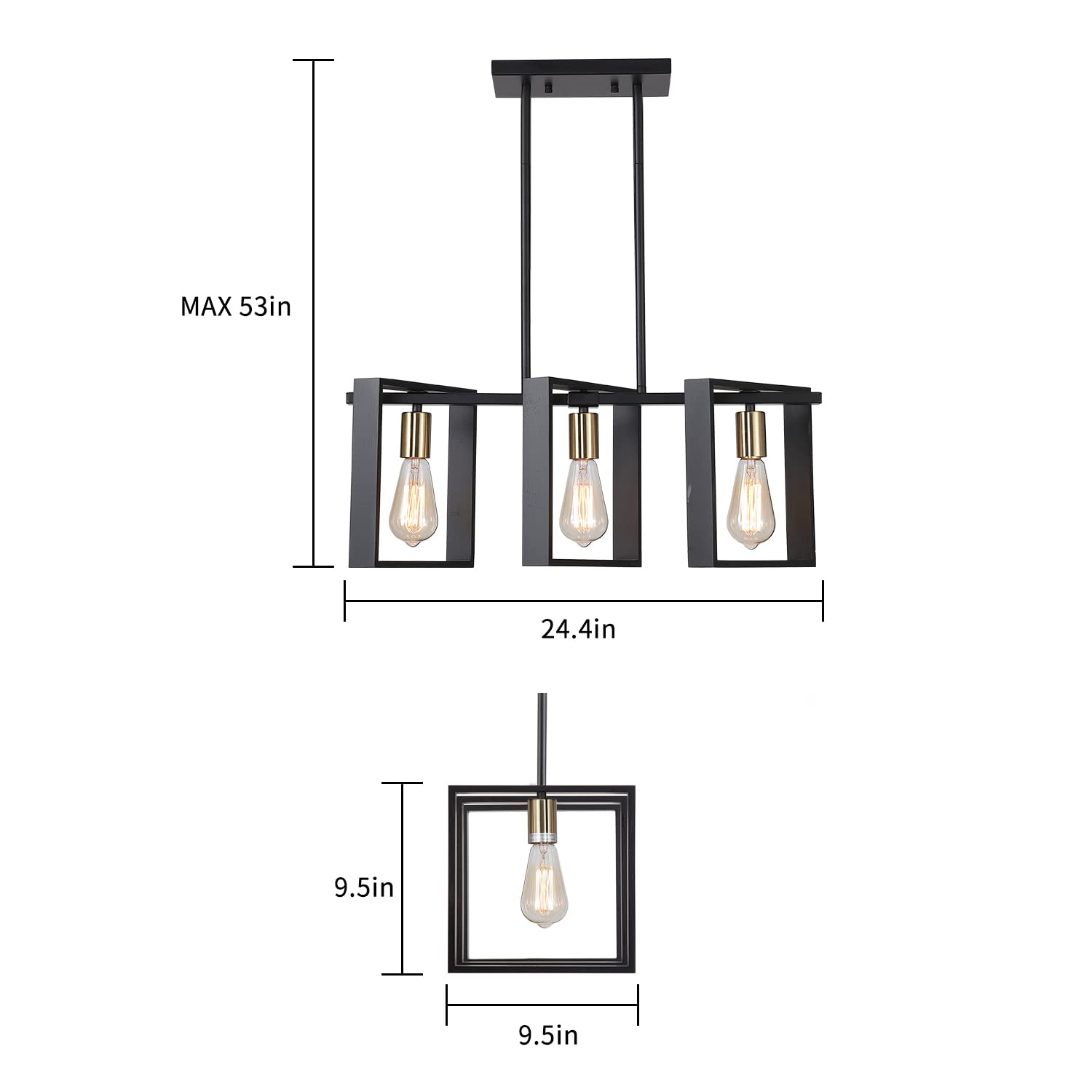 9Mmml Modern 3-Light Kitchen Island Pendant Light, Black & Gold, Adjustable Height Chandelier