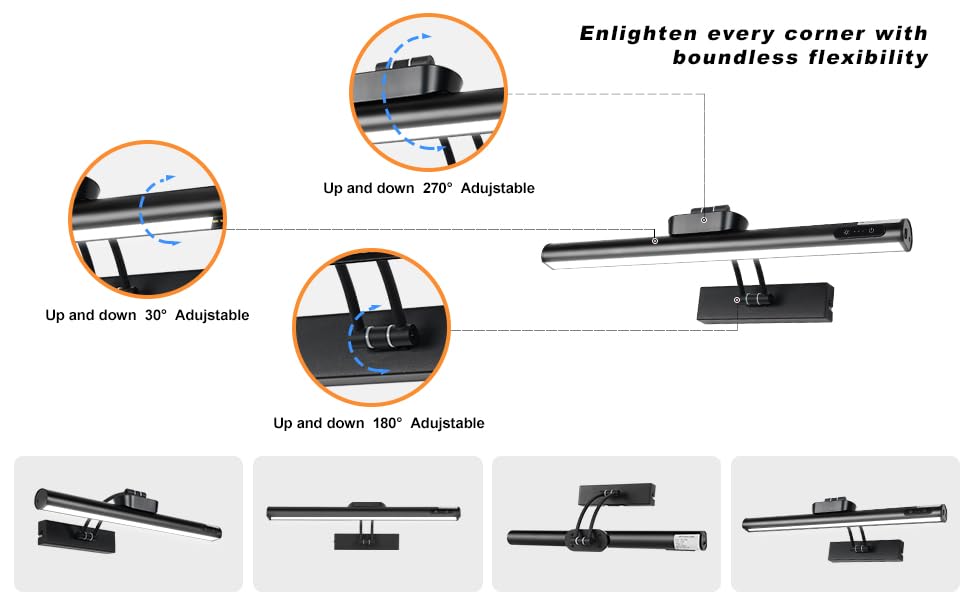 VARICART Magnetic Cordless Picture Light - 16in Metal, Dimmable, Remote Control, Black, 5000mAh Battery, Adjustable Angle