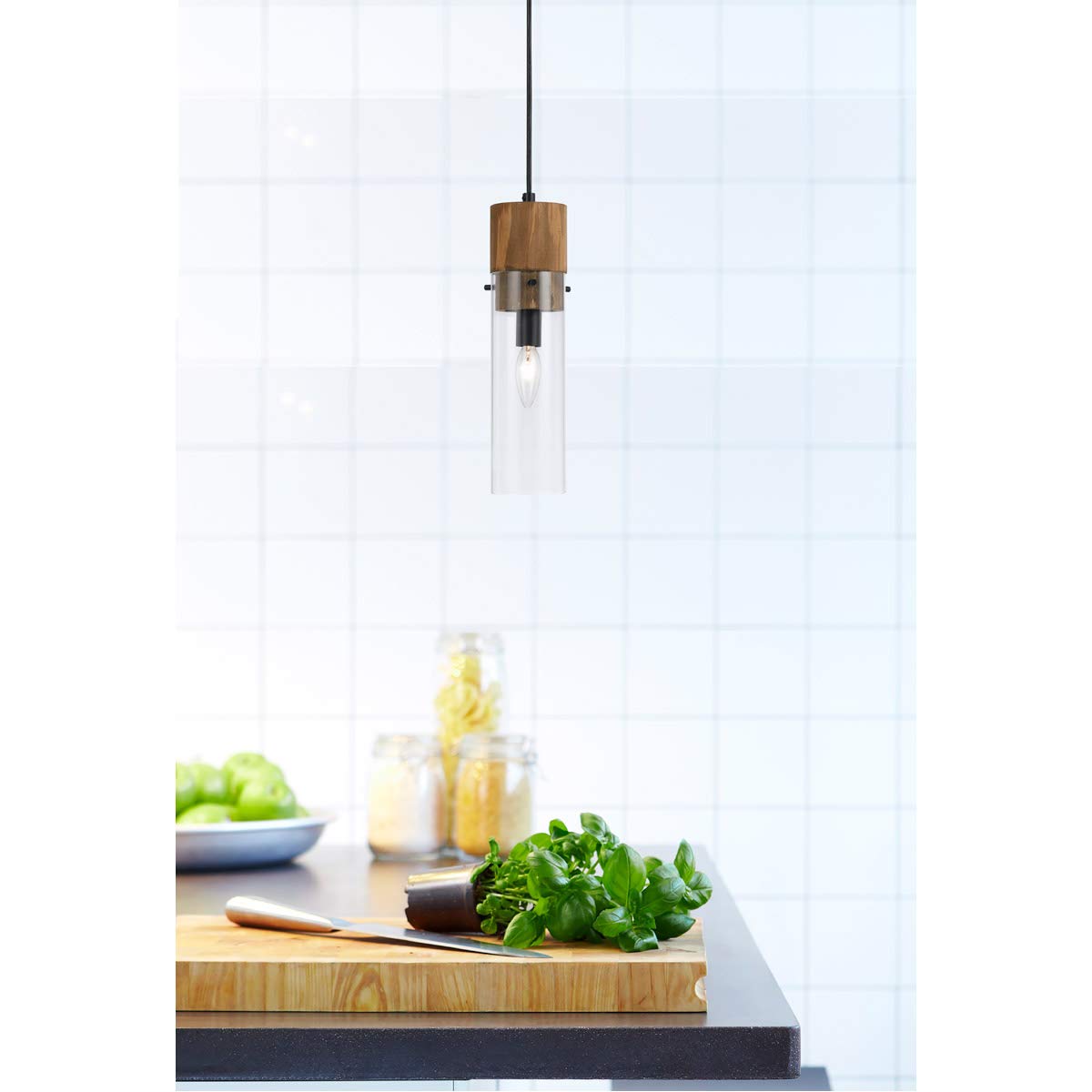 Cal 60W Spheroid Glass Pendant, Black/Wood (Fx-3583-1P)