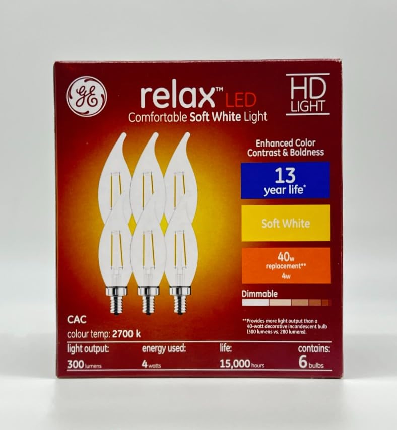 GE Relax LED Decorative Chandelier Light Bulb, Clear, 40W Replacement, Dimmable, Candelabra Base, 300 Lumen