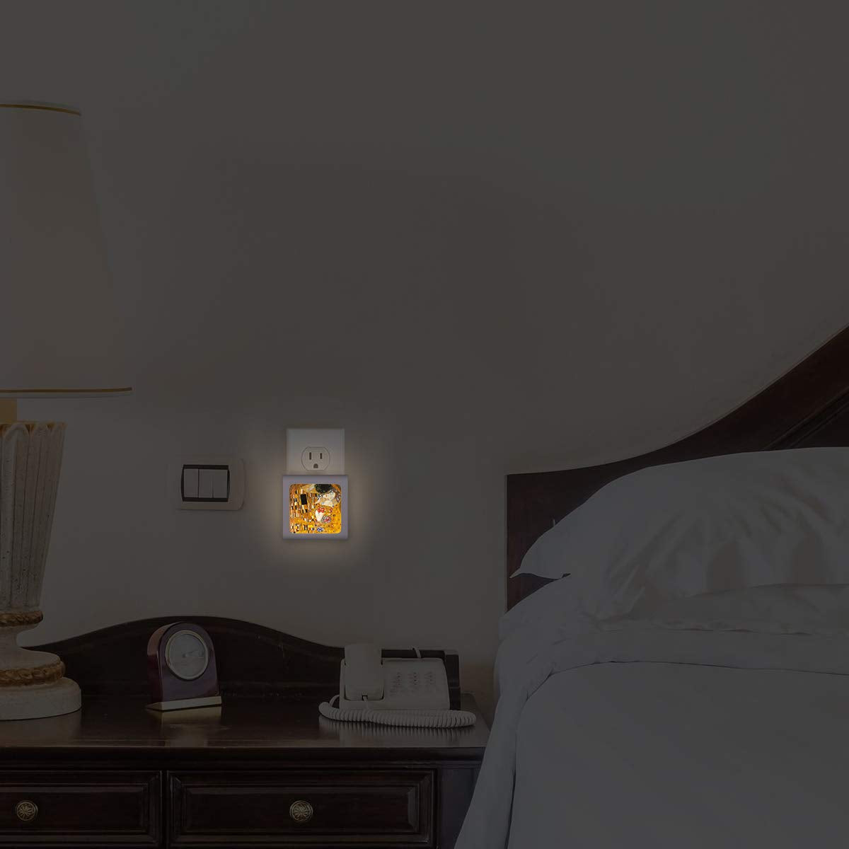 Plug In Dimmable Led Night Light With Dusk To Dawn Auto Sensor, Adjustable Brightness, Warm Light, Auto On-Off Nightlight For Bathroom, Hallway, Nursery, Bedrooms - Klimt: The Kiss