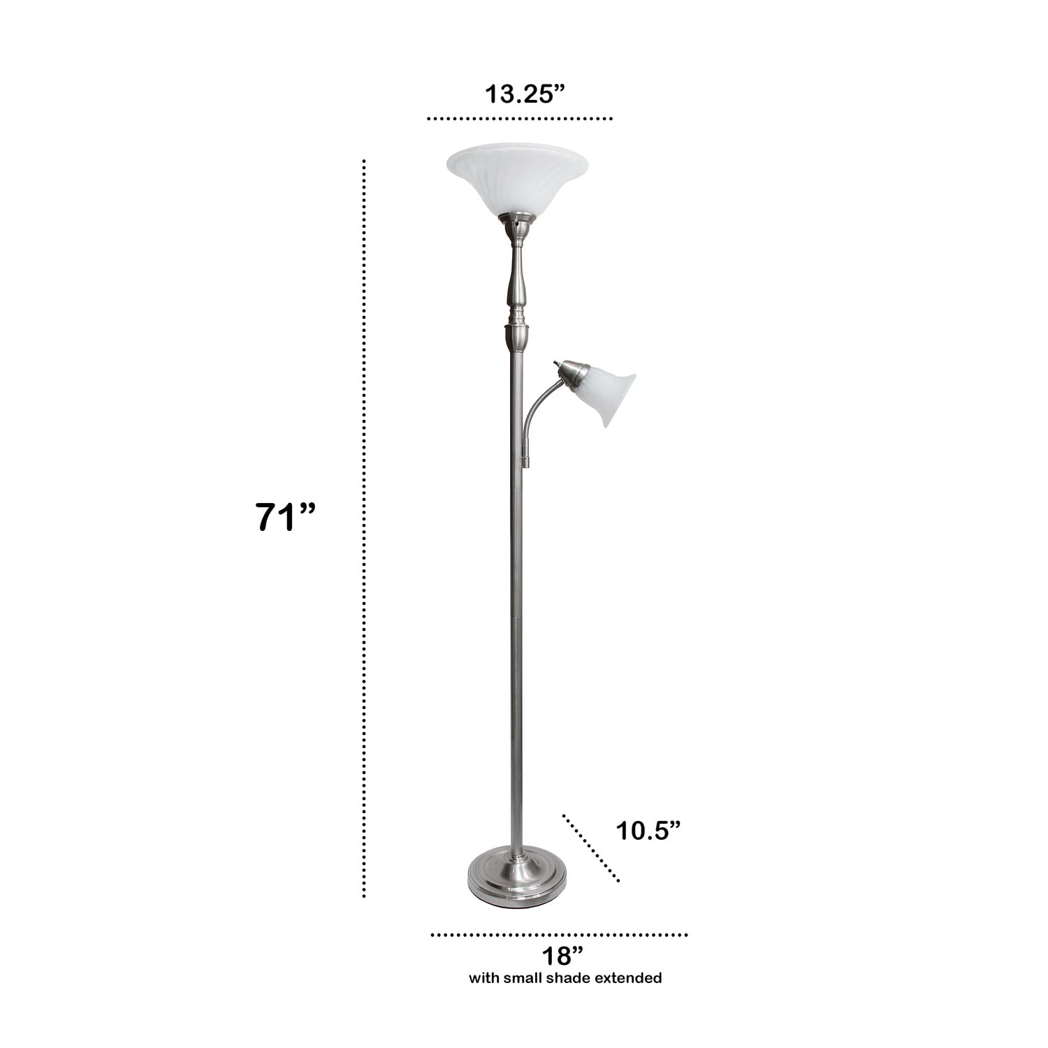 LALIA HOME Torchiere Floor Lamp with Reading Light, Marble Glass Shades, Brushed Nickel, Model LHF-3003-BN