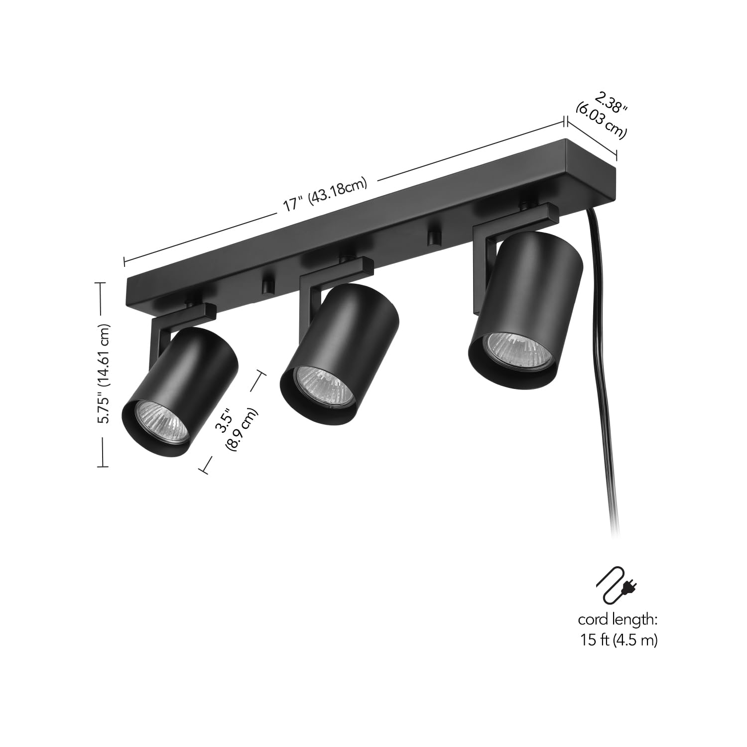 GLOBE Electric 64000164 17 3-Light Plug-in Track Lighting, Matte Black, 15 Foot Cord, in-Line On/Off Rocker Switch, Pivoting Tra