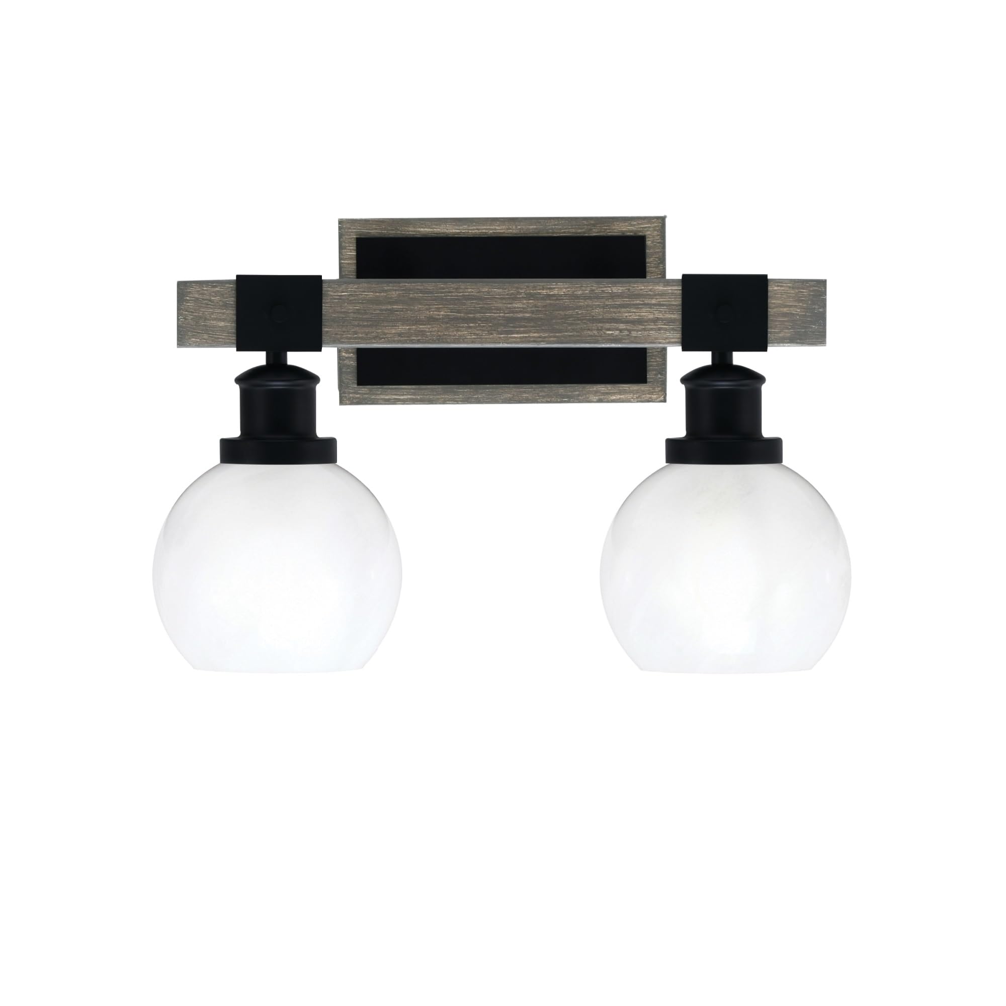 Toltec Lighting Tacoma 2 Light Bath Bar, Matte Black & Distressed Wood-Look, 5.75in White Marble Glass