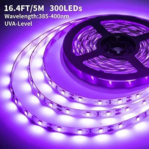 Pizhlo Upgraded 16.4Ft/5M Led Black Light Strip Set With Remote, 300 Leds, 12V Self-Adhesive Dimmable Black Light Fixture, For D