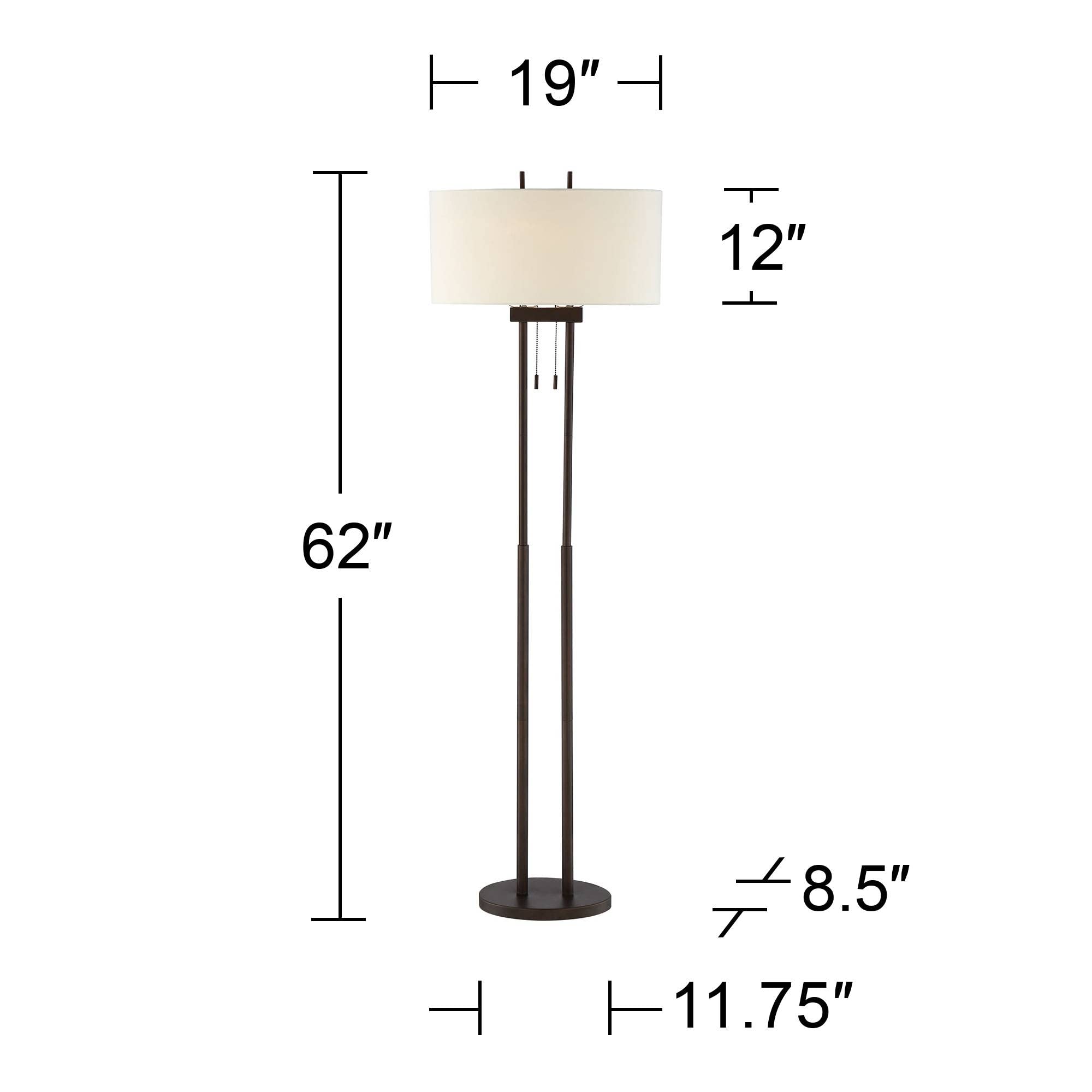Franklin Iron Works Roscoe Floor Lamp, 62in Tall, Oil Rubbed Bronze, Brown Twin Poles, White Fabric Hardback Oval Shade, Model 1K790