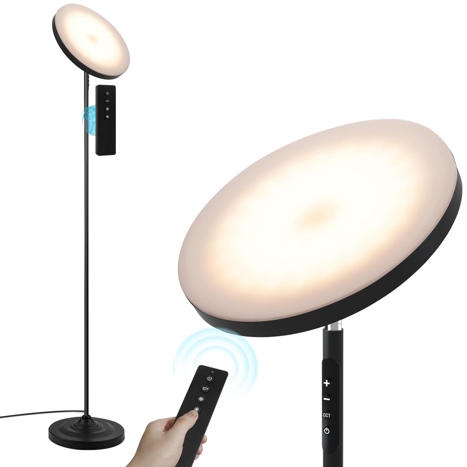 hanaking Floor Lamp, 36W/3600LM Bright Torchiere with Remote Control, Adjustable Color Temperatures, Matte Black, Model MF30002