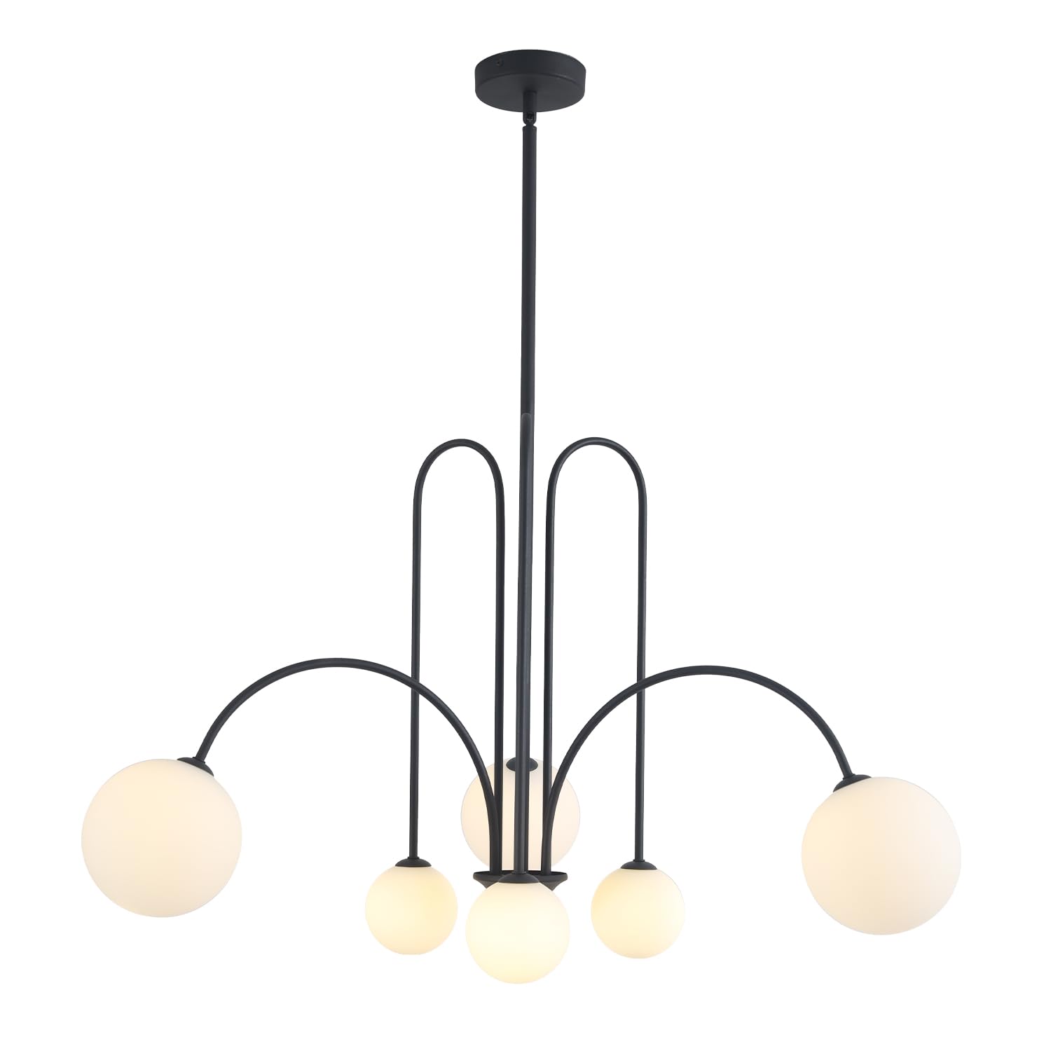 Flyrose Mid Century Modern Chandelier 6-Light Milk Glass Chandelier Black Sputnik Chandelier Light Fixture Frosted White Globe C
