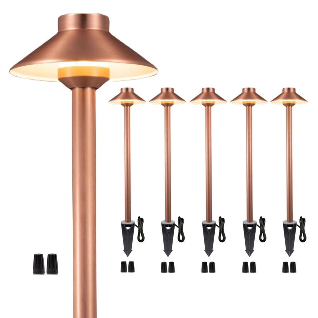 Gardenreet Brass Low Voltage Path Lights(Hat) Outdoor Waterproof IP65, 12v LED Copper Landscape Lights Wired Fixture for Walkway