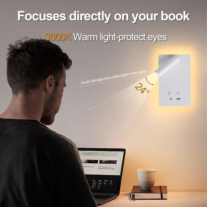 Moluola Led Wall Lamp Wall Mounted Reading Lights Set Of 2, Adjustable Headboard Plug In Wall Sconce With Usb C+A Ports, Headboard Bedside Lamp With 9W+3W Night Light 3000K (White)