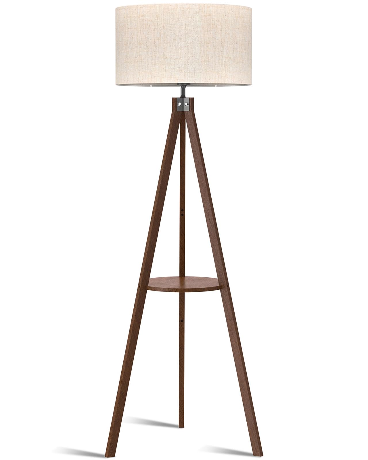 LEPOWER Tripod Floor Lamp, Mid Century Design, Dark Brown Wood, Shelf, Model UF1101, Ideal for Living Room and Office