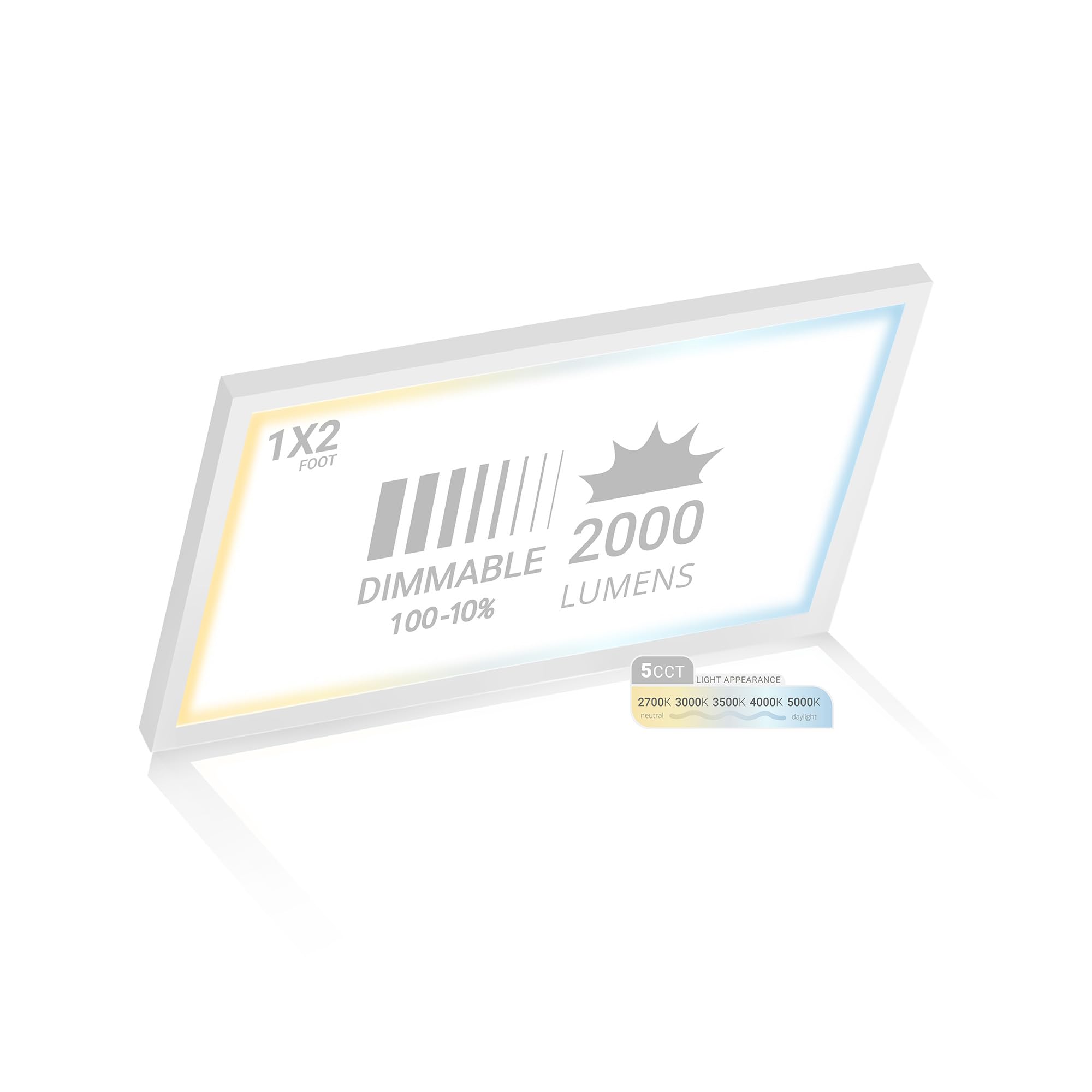 NUWATT 1x2 FT LED Surface Mount Panel, 5CCT 2700K/3000K/3500K/4000K/5000K Selectable, 2000LM, 22W, Internal Driver, Dimmable, 12