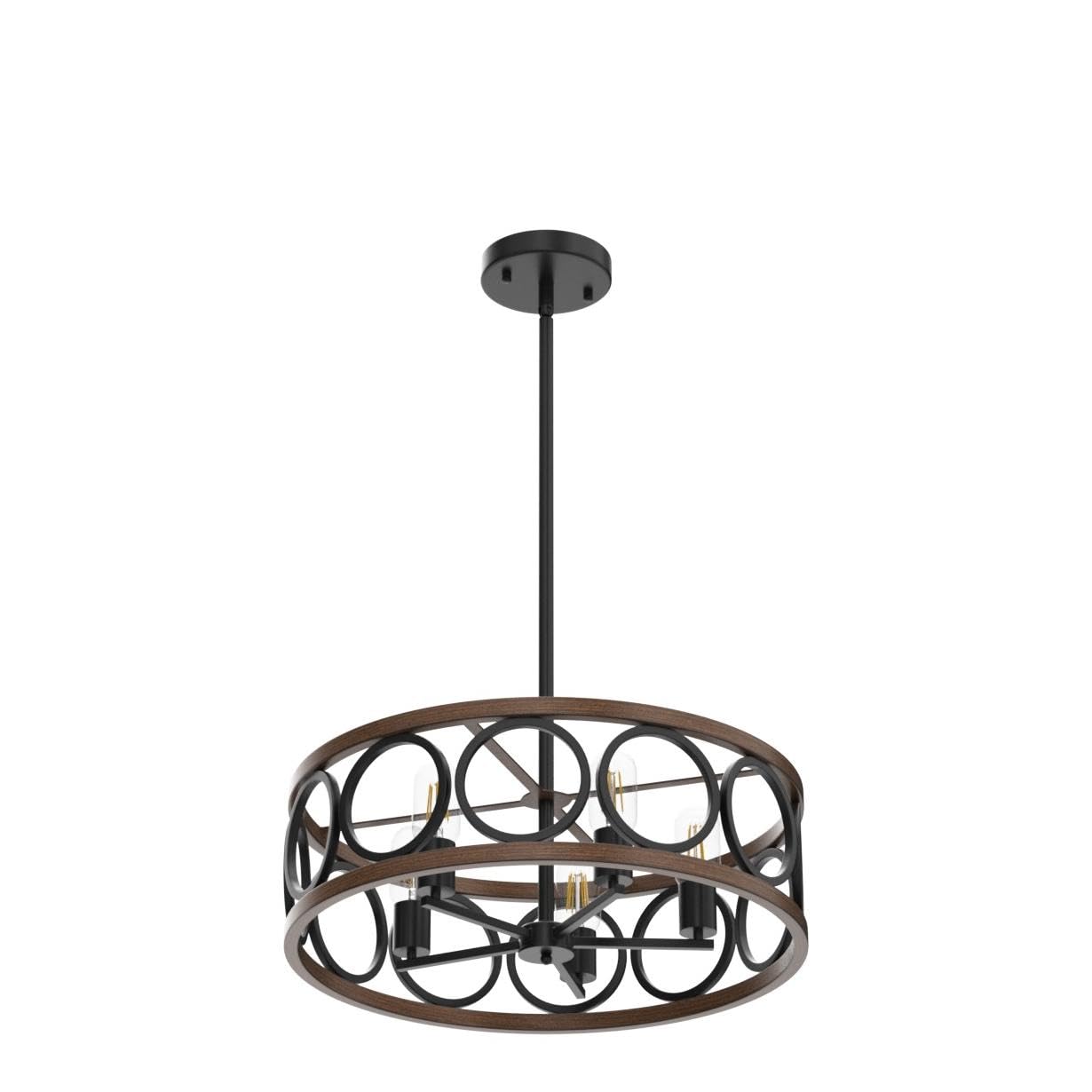 XINGQI 5-Light Black Drum Chandelier - Modern Farmhouse Pendant Light Fixture for Living Room, Kitchen, Office with Wood Grain Finish