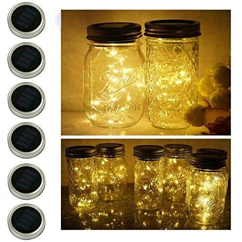 6 Pack Mason Jar Lights, 10 Led Solar Warm White Fairy String Lights Lids Insert For Garden Deck Patio Party Wedding Christmas D