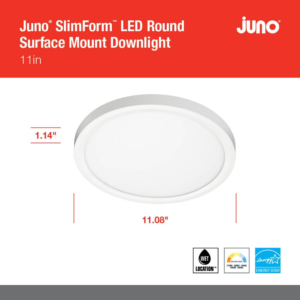 Juno SlimForm LED Downlight, 11 Inch, White, Switchable Color Temp, Aluminum, Model JSF 11IN 13LM SWW5 90CRI 120 FRPC WH