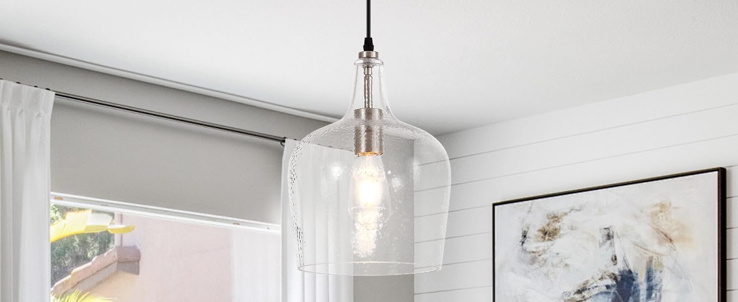 Elyccupa Large Hammered Glass Pendant Light Modern Brushed Nicklel 1 Light Single Dome Pendant Lighting Fixtures For Kitchen Island Dining Room Hallway  Dia 10 Inch  Ul Listed