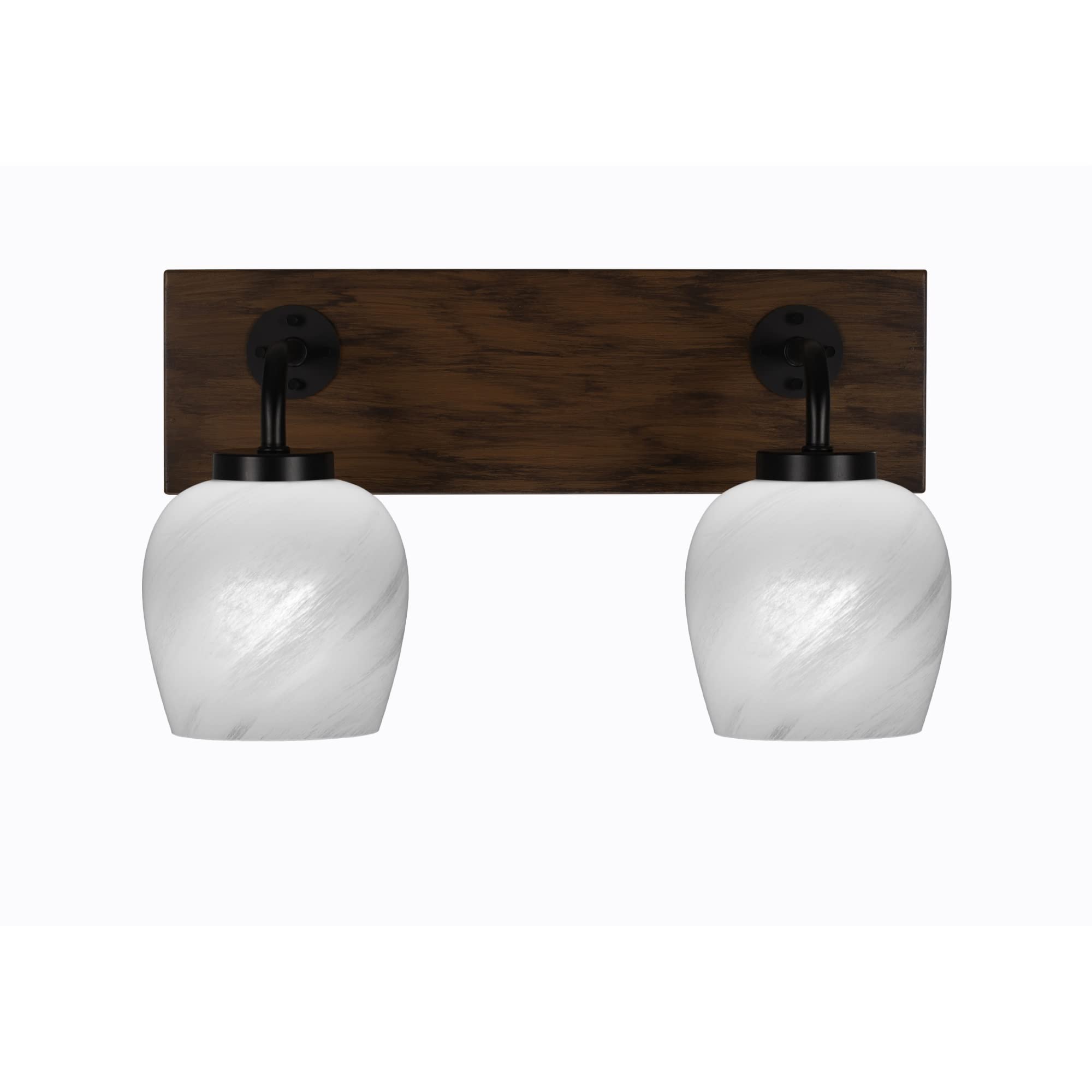 Oxbridge 2 Light Bath Bar In Matte Black & Painted Wood-Look Metal Finish With 6" White Marble Glass
