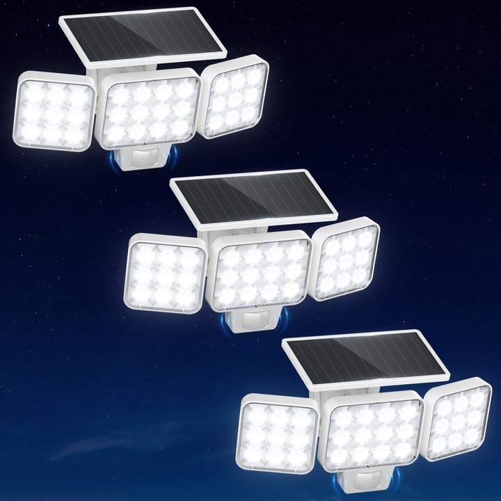 WdtPro Motion Sensor Outdoor Lights 3 Pack 3500LM Bright Solar Lights Outdoor Flood Light  Upgrade Glass Panel  LED Solar Powered Security Light Spotlights Waterproof for Outside Yard-White