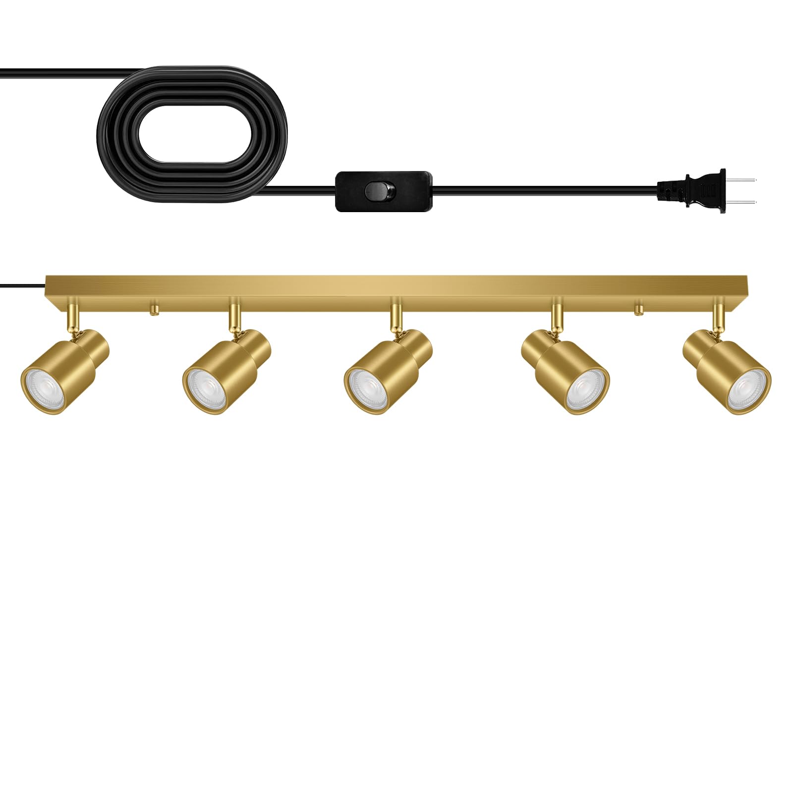 Track Lighting Plug in, 30 LED Track Light Fixtures Ceiling, Gold 5 Way Spotlight, Rotatable Head, Plug Wall Lights with 14.8FT 